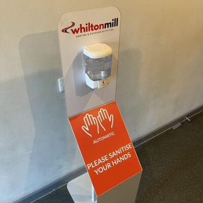 Hand sanitising station at Whilton Mill Kart Circuit